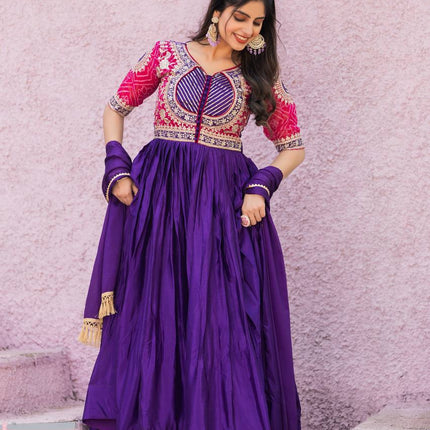 Sonakshi Women's Jamli Chinon Bandhrej Sequins Anarkali Gown Set with Dupatta