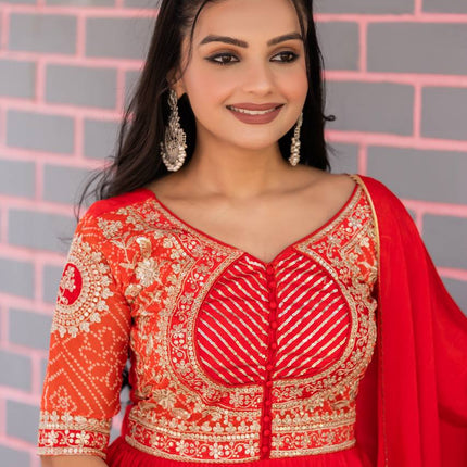 Sonakshi Women's Red Chinon Bandhrej Sequins Anarkali Gown Set with Dupatta