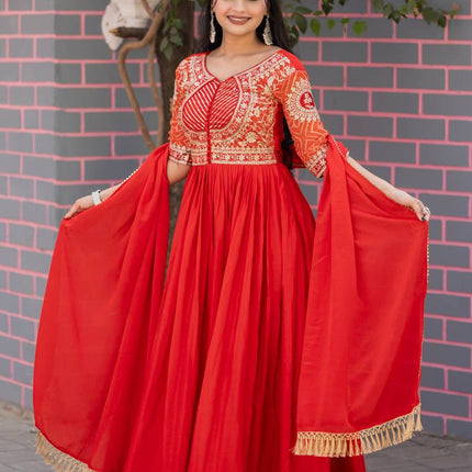 Sonakshi Women's Red Chinon Bandhrej Sequins Anarkali Gown Set with Dupatta