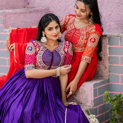 Sonakshi Women's Jamli & Red Chinon Bandhrej Sequins Anarkali Gown Set with Dupatta