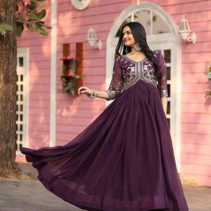 Sonakshi Women's Wine Fox Georgette Sequence Work Anarkali Gown set