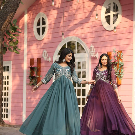 Sonakshi Women's Teal & Wine Fox Georgette Sequence Work Anarkali Gown set