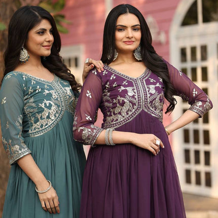 Sonakshi Women's Teal & Wine Fox Georgette Sequence Work Anarkali Gown set