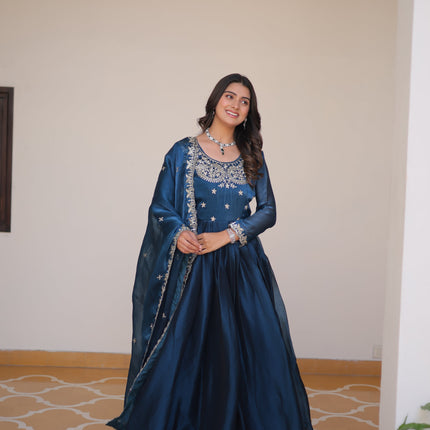 Sonakshi Women's Teal Burberry Silk sequence Embroidered Work Anarkali Gown Set With Dupatta