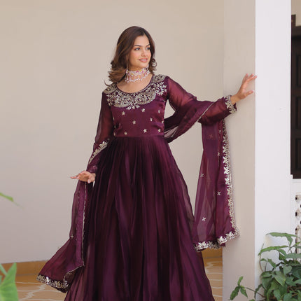 Sonakshi Women's Wine Burberry Silk sequence Embroidered Work Anarkali Gown Set With Dupatta