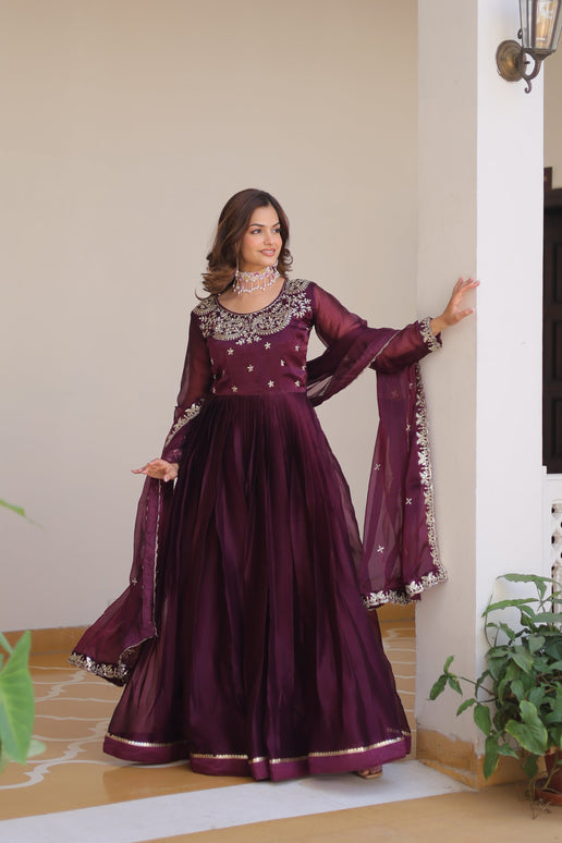 Sonakshi Women's Wine Burberry Silk sequence Embroidered Work Anarkali Gown Set With Dupatta