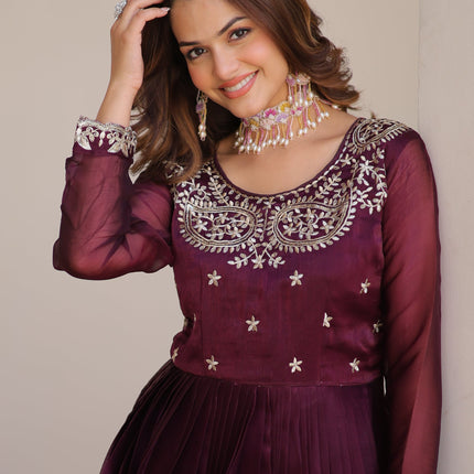 Sonakshi Women's Wine Burberry Silk sequence Embroidered Work Anarkali Gown Set With Dupatta