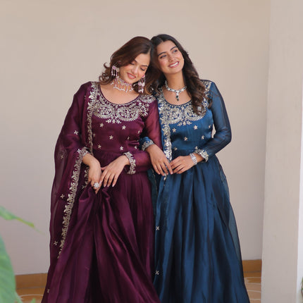 Sonakshi Women's Teal & Wine Burberry Silk Sequence Embroidered Anarkali Gown Set With Dupatta