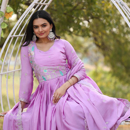 Sonakshi Women's Lavender Chinon Thread Sequence Anarkali Gown Set With Dupatta
