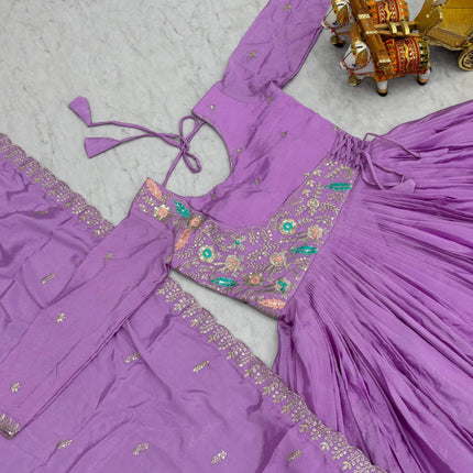 Sonakshi Women's Lavender Chinon Thread Sequence Anarkali Gown Set With Dupatta