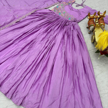 Sonakshi Women's Lavender Chinon Thread Sequence Anarkali Gown Set With Dupatta