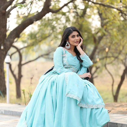 Sonakshi Women's Sky Chinon Thread Sequence Anarkali Gown Set With Dupatta