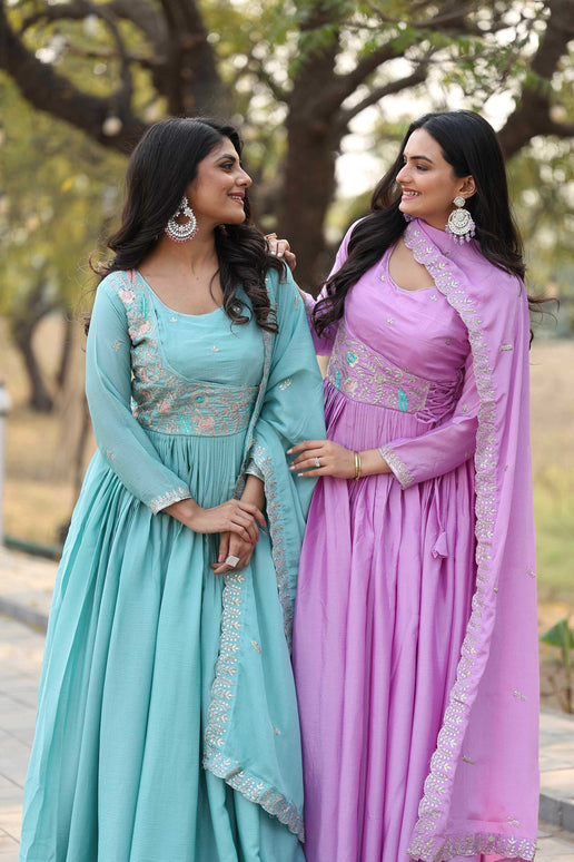 Sonakshi Women's Lavender & Sky Pure Chinon Thread sequence Work Anarkali Gown Set With Dupatta