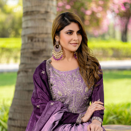 Sonakshi Women's Grey Peding Chinon Sequence Embroidered Anarkali Gown Set With Dupatta