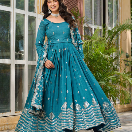 Sonakshi Women's Teal Vichitra Silk Sequence Embroidered Anarkali Gown Set With Dupatta