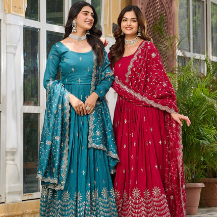 Sonakshi Women's Rani & Teal Vichitra Silk Sequence Embroidered Anarkali Gown Set With Dupatta
