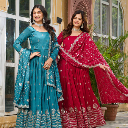 Sonakshi Women's Rani & Teal Vichitra Silk Sequence Embroidered Anarkali Gown Set With Dupatta