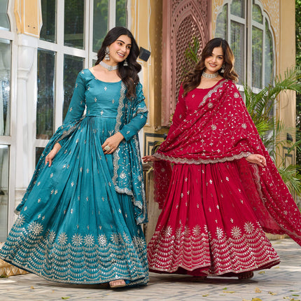 Sonakshi Women's Rani & Teal Vichitra Silk Sequence Embroidered Anarkali Gown Set With Dupatta