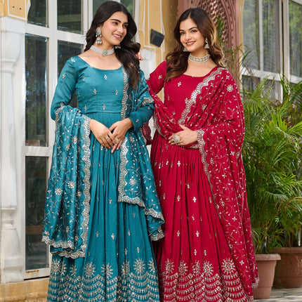 Sonakshi Women's Rani & Teal Vichitra Silk Sequence Embroidered Anarkali Gown Set With Dupatta
