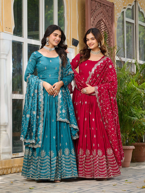 Sonakshi Women's Rani & Teal Vichitra Silk Sequence Embroidered Anarkali Gown Set With Dupatta