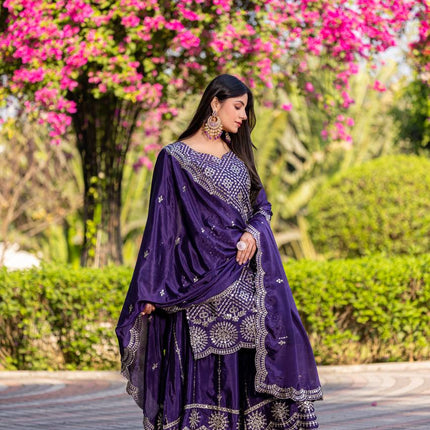 Sonakshi Women's Jamli Chinon Thread & Sequence Embroidered Kurta Plazo Set with Dupatta