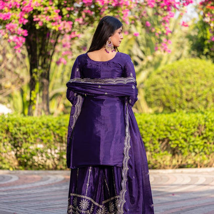 Sonakshi Women's Jamli Chinon Thread & Sequence Embroidered Kurta Plazo Set with Dupatta