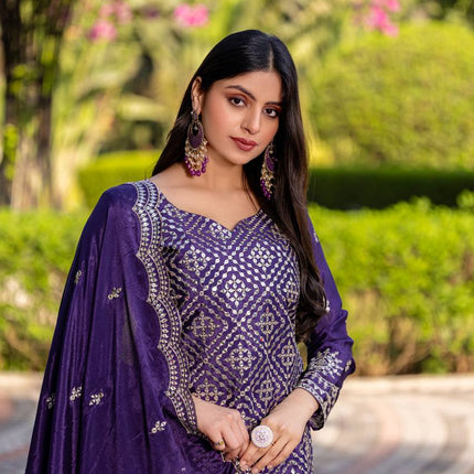 Sonakshi Women's Jamli Chinon Thread & Sequence Embroidered Kurta Plazo Set with Dupatta