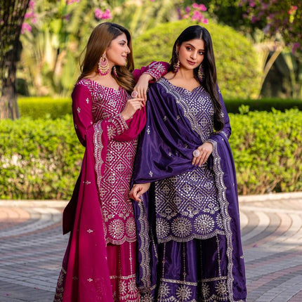 Sonakshi Women's Rani & Jamli Chinon Thread Sequence Embroidered Kurta Plazo Set With Dupatta