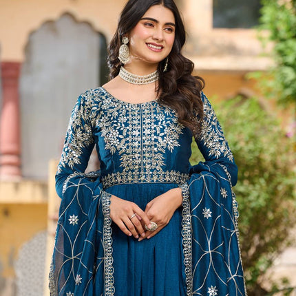 Sonakshi Women's Rama Vichitra Silk Sequence Embroidered Work Anarkali Gown Set With Dupatta