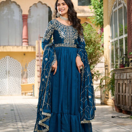 Sonakshi Women's Rama Vichitra Silk Sequence Embroidered Work Anarkali Gown Set With Dupatta