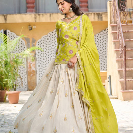 Sonakshi Women's Yellow Chinon Thread Embroidered Cording Sequence Lehenga Set With Dupatta