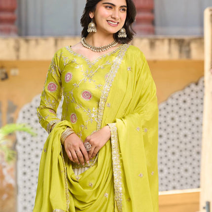 Sonakshi Women's Yellow Chinon Thread Embroidered Cording Sequence Lehenga Set With Dupatta