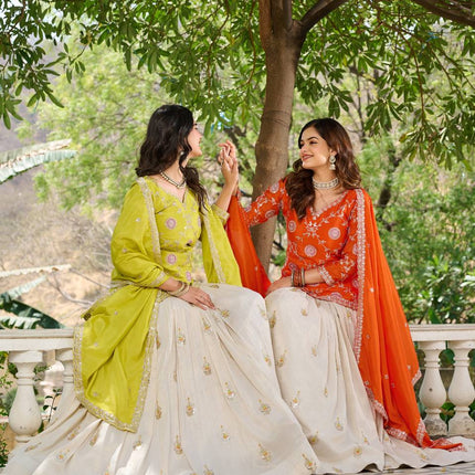Sonakshi Women's Yellow & Fenta Chinon Thread Embroidered Cording Sequence Lehenga Set With Dupatta