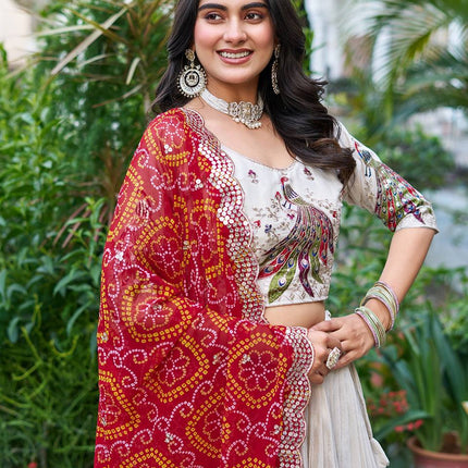 Sonakshi Women's Red Tissue Silk Thread Embroidered Sequence Lehenga Set With Dupatta