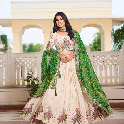 Sonakshi Women's Green Tissue Silk Thread Embroidered Sequence Lehenga Set With Dupatta