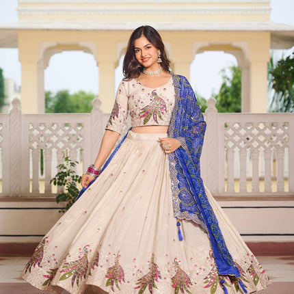 Sonakshi Women's Feroji Tissue Silk Thread Embroidered Sequence Lehenga Set With Dupatta