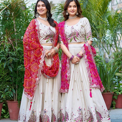 Sonakshi Women's Red & Rani Tissue Silk Thread Embroidered Sequence Lehenga Set With Dupatta