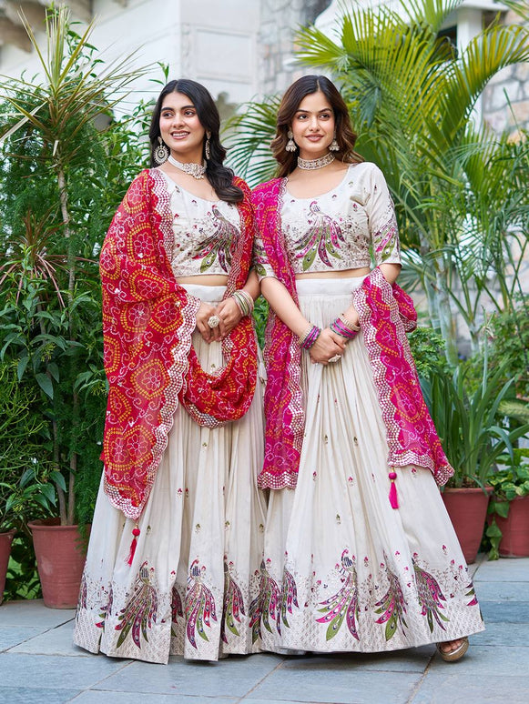 Sonakshi Women's Red & Rani Tissue Silk Thread Embroidered Sequence Lehenga Set With Dupatta