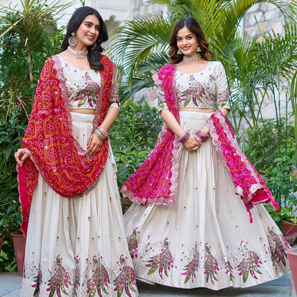 Sonakshi Women's Red & Rani Tissue Silk Thread Embroidered Sequence Lehenga Set With Dupatta