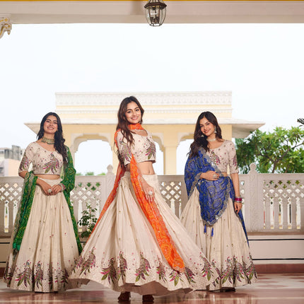 Sonakshi Women's Yellow,Green & Feroji Tissue Silk Thread Embroidered Sequence Lehenga Set With Dupatta