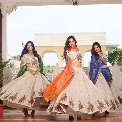 Sonakshi Women's Yellow,Green & Feroji Tissue Silk Thread Embroidered Sequence Lehenga Set With Dupatta