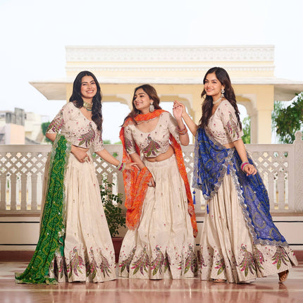 Sonakshi Women's Yellow,Green & Feroji Tissue Silk Thread Embroidered Sequence Lehenga Set With Dupatta