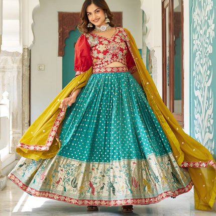 Sonakshi Women's Red Simmer & Jeqard Embroidered Lehenga Choli Set With Dupatta