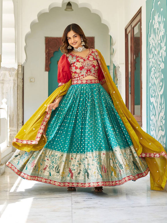 Sonakshi Women's Red Simmer & Jeqard Embroidered Lehenga Choli Set With Dupatta