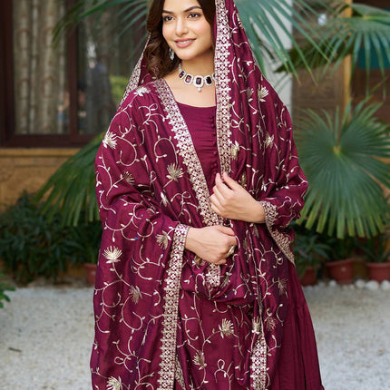 Sonakshi Women's Wine Vichitra Silk Sequence Embroidered Anarkali Gown Set With Dupatta
