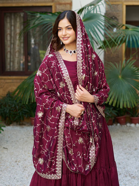 Sonakshi Women's Wine Vichitra Silk Sequence Embroidered Anarkali Gown Set With Dupatta