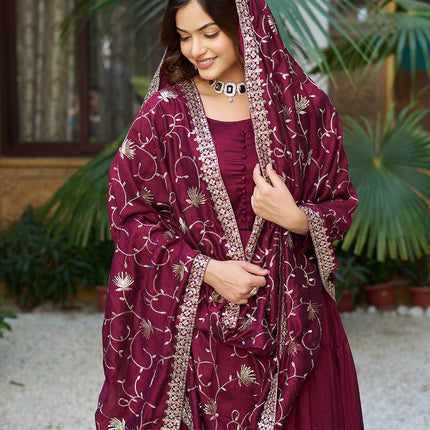 Sonakshi Women's Wine Vichitra Silk Sequence Embroidered Anarkali Gown Set With Dupatta