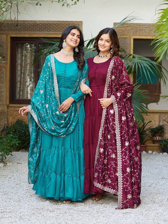 Sonakshi Women's Teal & Wine Vichitra Silk Sequence Embroidered Anarkali Gown Set With Dupatta