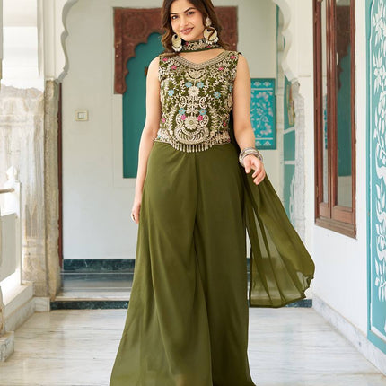 Sonakshi Women's Mehendi Star Georgette Cording & Therad Embroidered With Latkan Lece Sarara Set With Dupatta