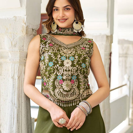 Sonakshi Women's Mehendi Star Georgette Cording & Therad Embroidered With Latkan Lece Sarara Set With Dupatta